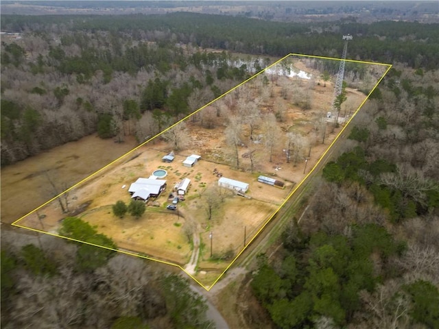 birds eye view of property featuring a rural view and a forest view