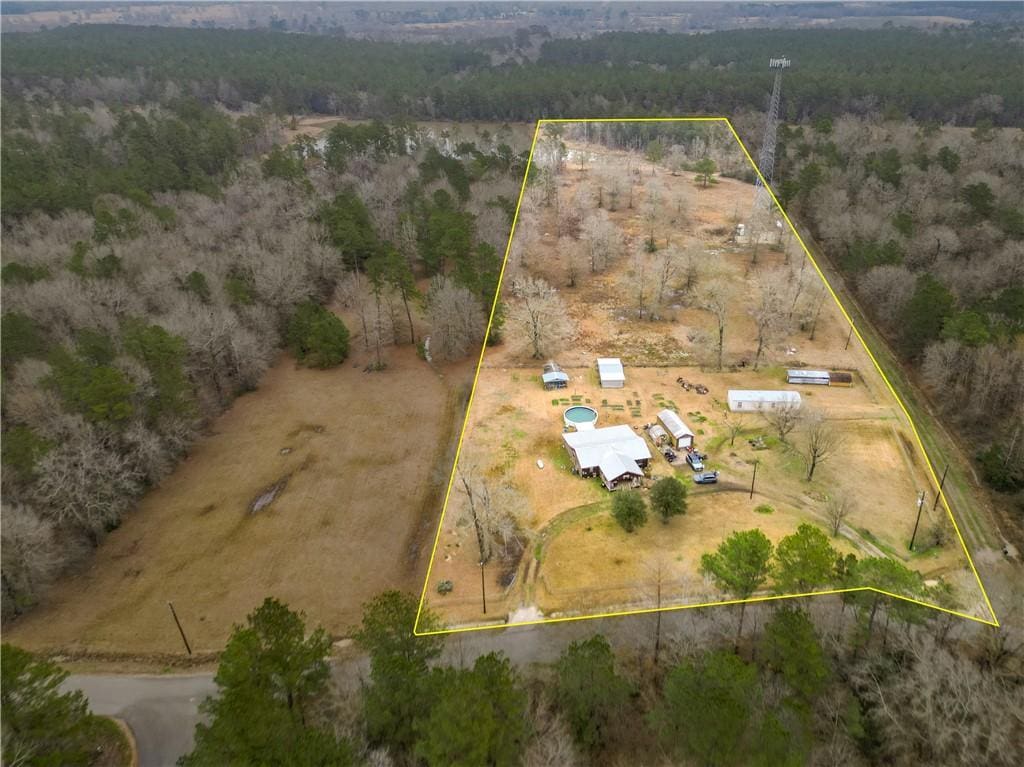 bird's eye view with a wooded view