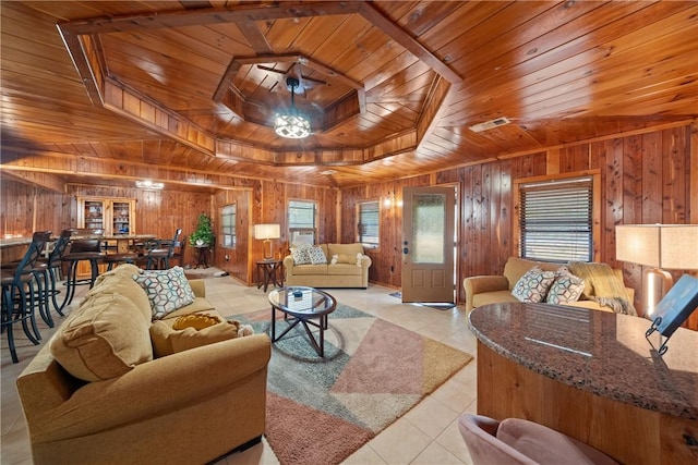 living room featuring wooden ceiling, light tile patterned floors, and a wealth of natural light