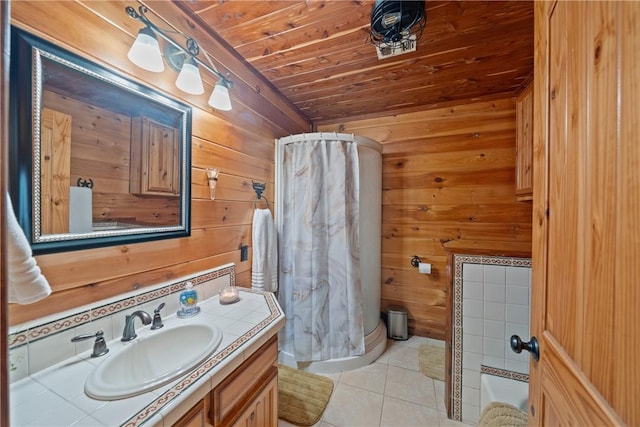 full bathroom featuring vanity, wooden walls, curtained shower, tile patterned floors, and wooden ceiling