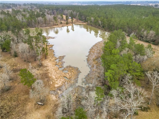 birds eye view of property with a water view and a wooded view