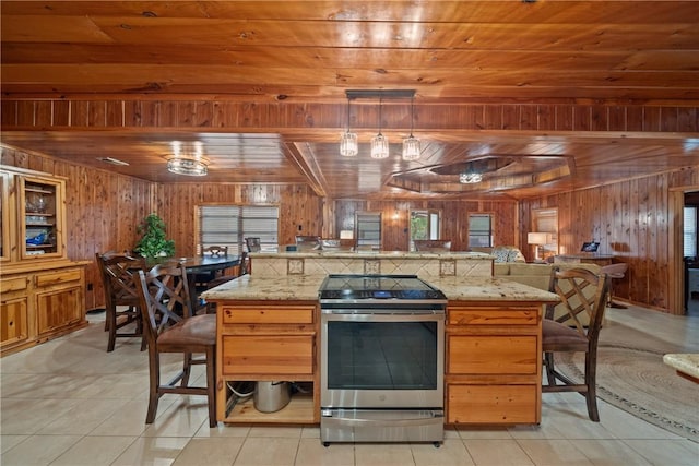 kitchen featuring a kitchen breakfast bar, wooden walls, stainless steel electric range, and wooden ceiling