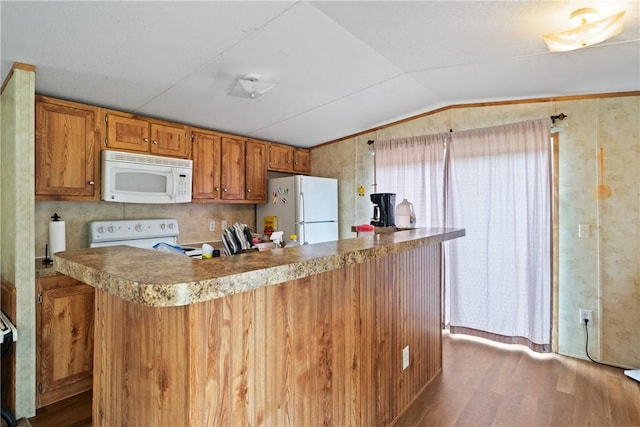 kitchen with backsplash, dark wood finished floors, lofted ceiling, brown cabinetry, and white appliances