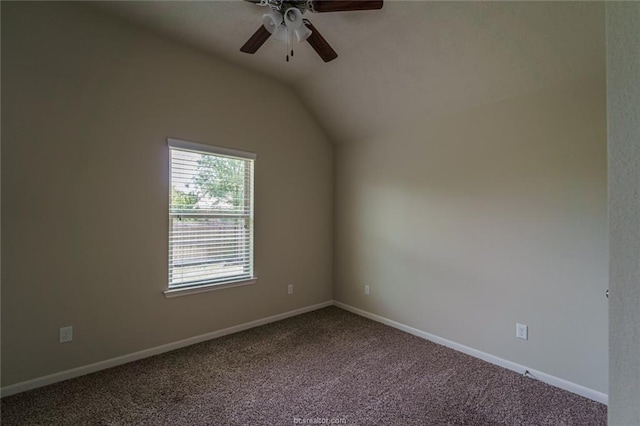 bonus room featuring a ceiling fan, carpet, vaulted ceiling, and baseboards