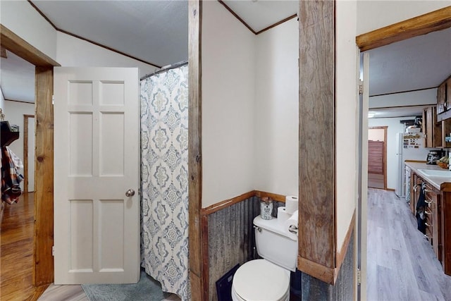 bathroom featuring hardwood / wood-style floors, vanity, a shower with curtain, toilet, and ornamental molding