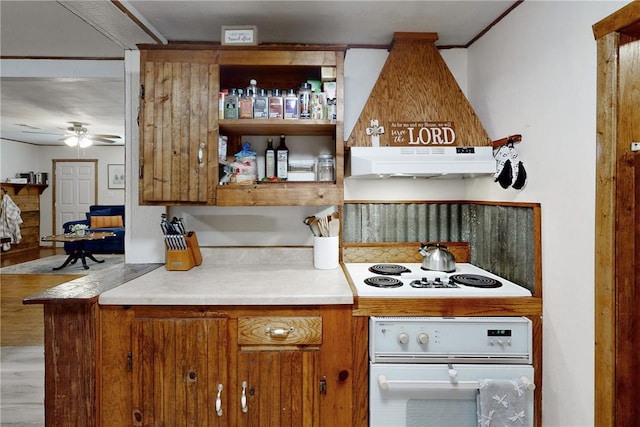 kitchen with hardwood / wood-style flooring, ceiling fan, and white appliances