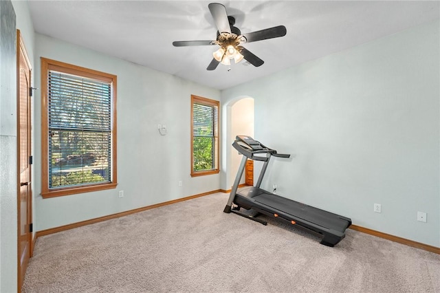 exercise area with carpet, a wealth of natural light, a ceiling fan, and baseboards