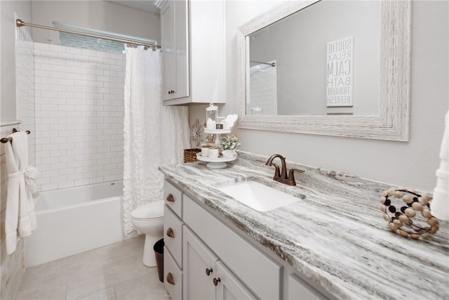 full bathroom with tile patterned floors, vanity, toilet, and shower / tub combo with curtain