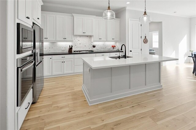 3609 Llano River Dr, College Station, TX 77845 - kitchen featuring a sink, appliances with stainless steel finishes, light wood-style floors, decorative backsplash, and ornamental molding