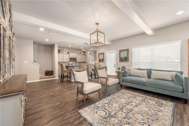 547 Hayes Ln, College Station, TX 77845 - living area featuring beamed ceiling, dark wood-type flooring, and recessed lighting