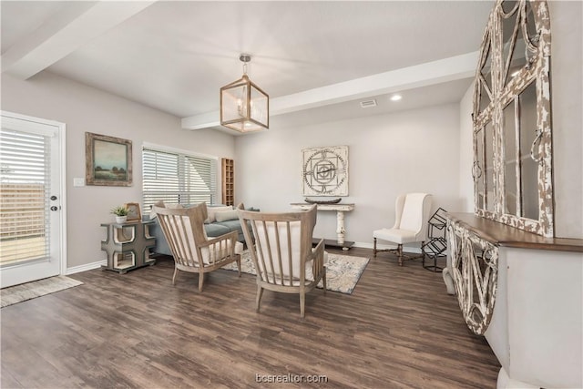547 Hayes Ln, College Station, TX 77845 - living area with beamed ceiling, dark wood finished floors, and recessed lighting