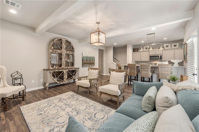 547 Hayes Ln, College Station, TX 77845 - living area with beamed ceiling, stairway, dark wood-type flooring, and recessed lighting