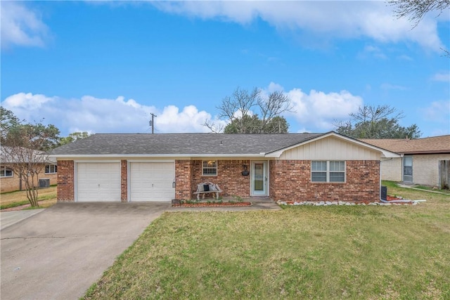 ranch-style house with a front yard and a garage