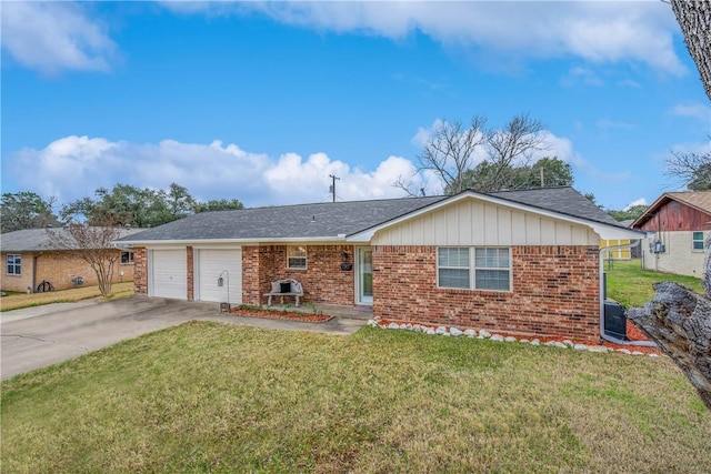 ranch-style house with a front yard and a garage