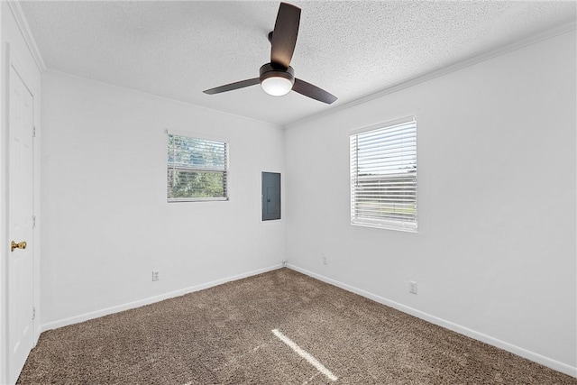 carpeted spare room featuring electric panel, ceiling fan, and a textured ceiling