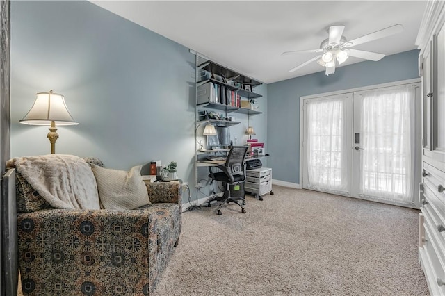 carpeted office featuring ceiling fan, french doors, and baseboards