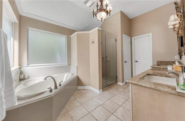 full bathroom with a garden tub, an inviting chandelier, a sink, a shower stall, and tile patterned flooring