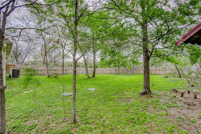 view of yard featuring central AC and a fenced backyard