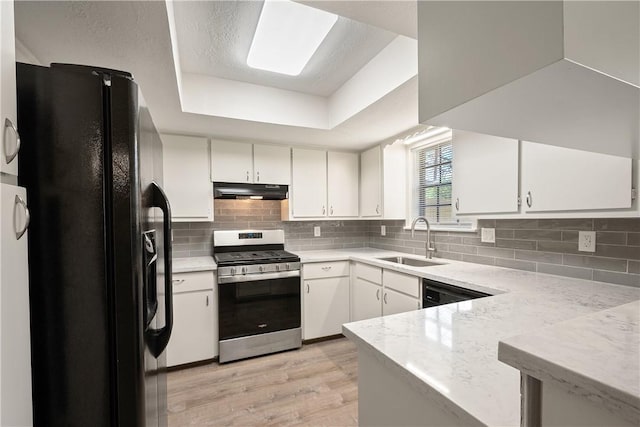 kitchen with sink, white cabinetry, tasteful backsplash, a raised ceiling, and black appliances