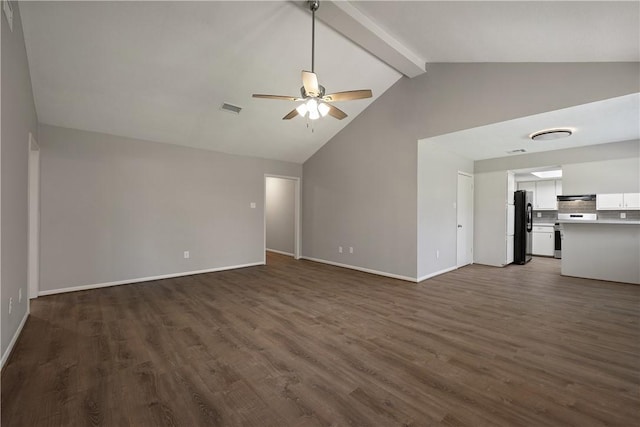 unfurnished living room with dark hardwood / wood-style flooring, high vaulted ceiling, ceiling fan, and beam ceiling