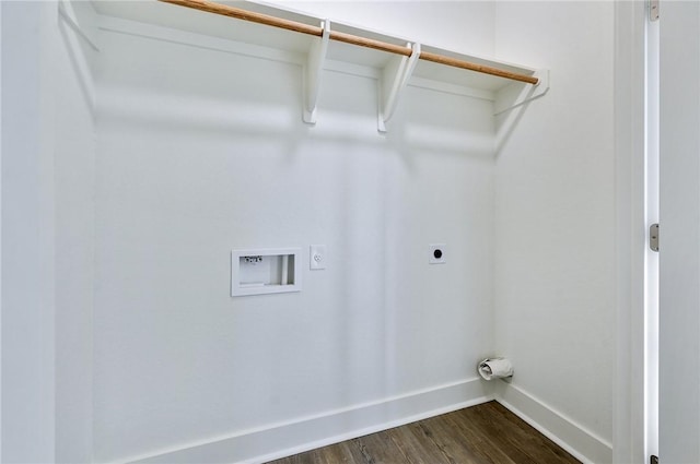 clothes washing area with dark hardwood / wood-style flooring, washer hookup, and hookup for an electric dryer