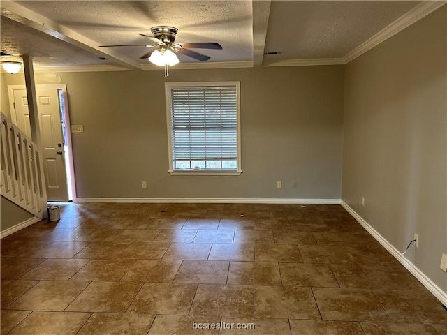 unfurnished room with ceiling fan, beamed ceiling, a textured ceiling, and ornamental molding