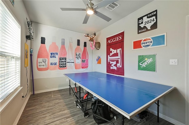 303 Luther St, College Station, TX 77840 - playroom featuring a ceiling fan, wood finished floors, and baseboards