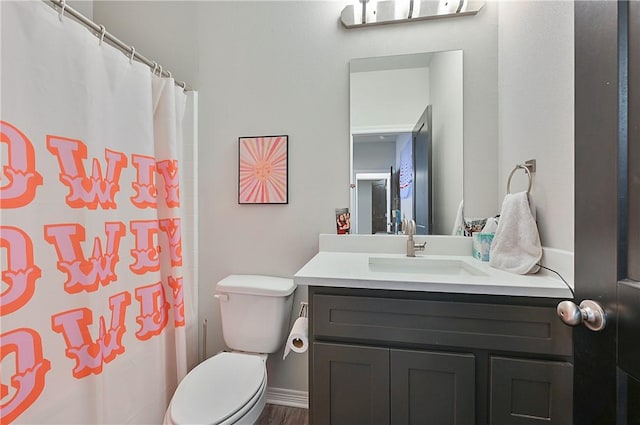 303 Luther St, College Station, TX 77840 - bathroom featuring toilet, vanity, curtained shower, and wood finished floors