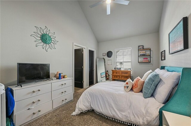 303 Luther St, College Station, TX 77840 - carpeted bedroom featuring high vaulted ceiling and a ceiling fan
