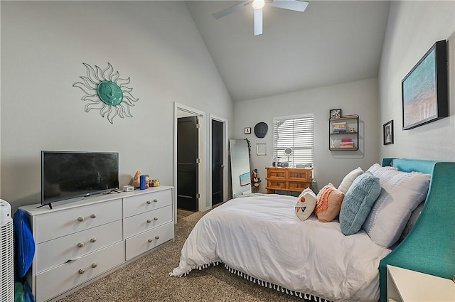 303 Luther St, College Station, TX 77840 - carpeted bedroom with high vaulted ceiling and ceiling fan