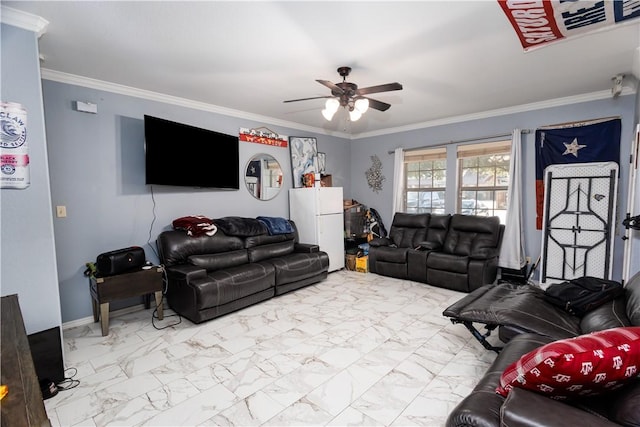 living room featuring ceiling fan and ornamental molding