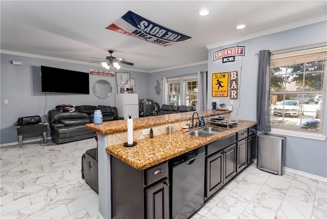 kitchen featuring crown molding, kitchen peninsula, ceiling fan, sink, and stainless steel dishwasher