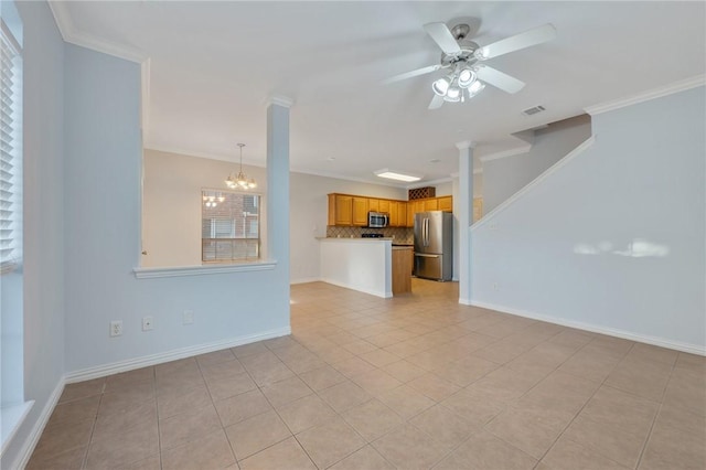 unfurnished living room with ceiling fan with notable chandelier, light tile patterned flooring, and crown molding