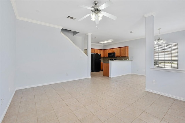 interior space featuring ceiling fan with notable chandelier, ornamental molding, and light tile patterned floors