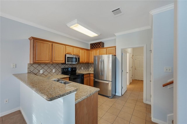 kitchen with light stone countertops, stainless steel appliances, tasteful backsplash, crown molding, and light tile patterned flooring