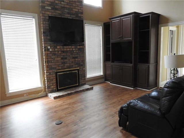 living room featuring a healthy amount of sunlight, wood-type flooring, and a fireplace