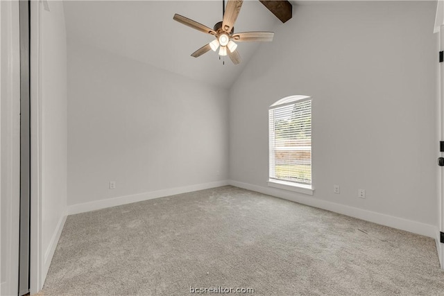 unfurnished room with light carpet, beamed ceiling, high vaulted ceiling, and ceiling fan