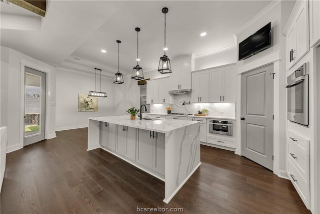 kitchen featuring light stone countertops, stainless steel appliances, dark wood-type flooring, a spacious island, and white cabinets