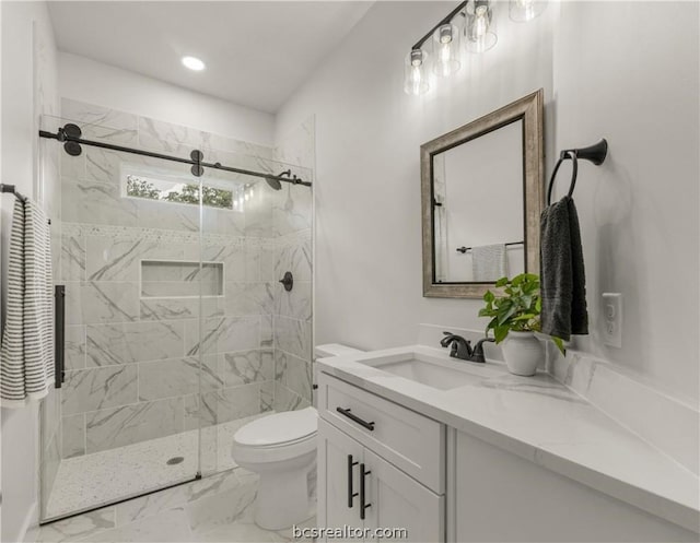 2023 Lola Ln, Bryan, TX 77807 - bathroom featuring vanity, a shower stall, marble look tile flooring, and recessed lighting