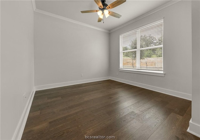 empty room featuring dark hardwood / wood-style floors, ceiling fan, and ornamental molding