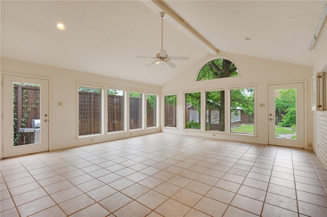 1818 Laura Ln, College Station, TX 77840 - unfurnished sunroom featuring tile patterned flooring, plenty of natural light, beamed ceiling, and high vaulted ceiling