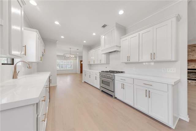 kitchen with visible vents, light wood-style flooring, a sink, white cabinetry, and high end range