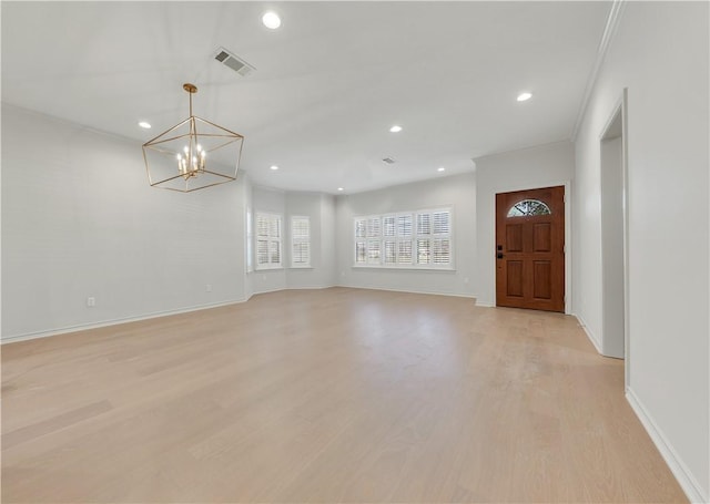 unfurnished living room featuring baseboards, recessed lighting, visible vents, and light wood-type flooring