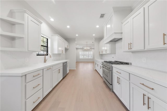 kitchen with white cabinetry, light wood-style floors, visible vents, and appliances with stainless steel finishes