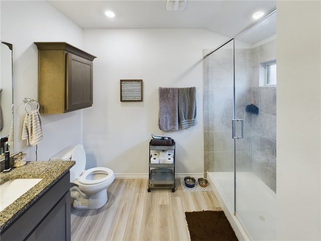 bathroom featuring vanity, wood-type flooring, a shower with shower door, and toilet