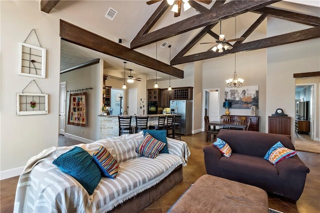 living area with beam ceiling, visible vents, ceiling fan with notable chandelier, and high vaulted ceiling