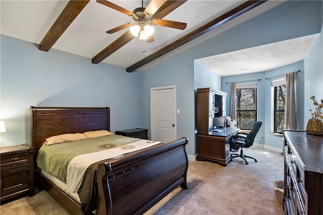 bedroom with visible vents, light carpet, lofted ceiling with beams, baseboards, and ceiling fan