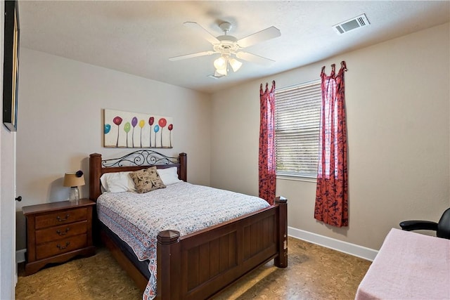 bedroom featuring visible vents, baseboards, and a ceiling fan