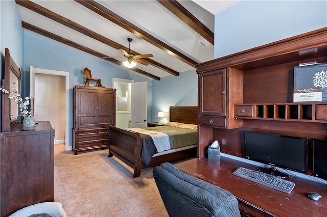 bedroom with light carpet and vaulted ceiling with beams