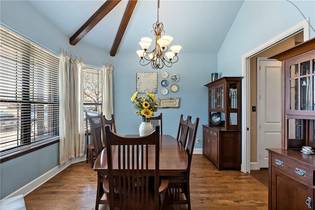 dining area with dark wood finished floors, vaulted ceiling with beams, baseboards, and a chandelier